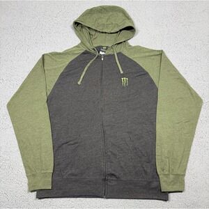 Monster Energy Hoodie Mens XL Gray Green Full Zip Lightweight Jersey Logo
